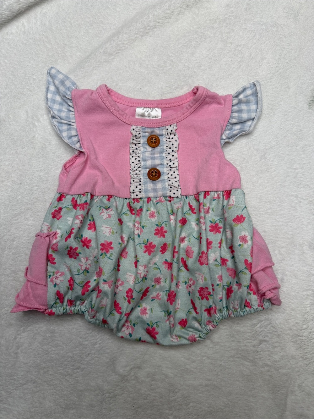 Pink Floral Bubble Romper with Gingham Ruffle Sleeves